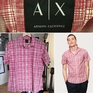 Armani Exchange CROSSHATCH Red/white Button Up SHIRT 100% Cotton Short Sleeve L